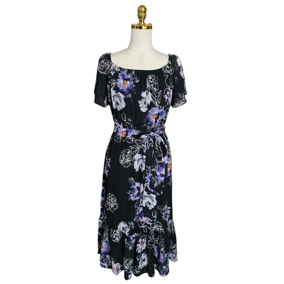 Eliza J Black Ruffled Off-Shoulder Tiered Midi Chiffon Dress Women’s Size 12 - Picture 3 of 9
